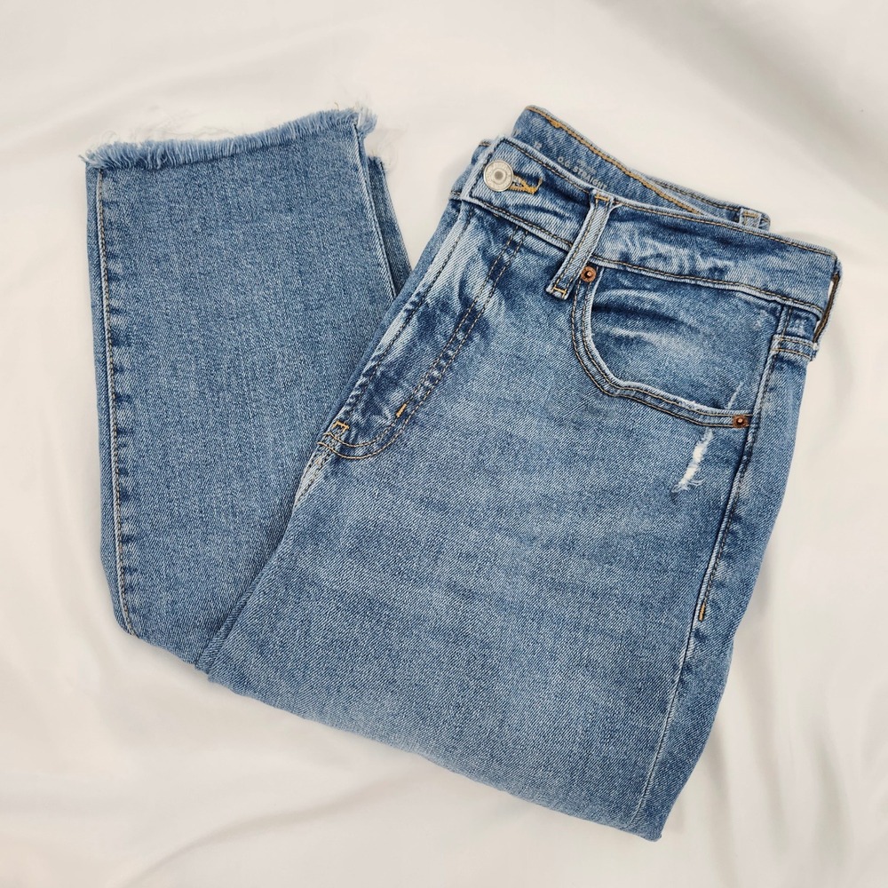 Old Navy Womens OG Straight Jeans Size 12 Distressed Raw Hem High Rise Denim - Picture 1 of 8